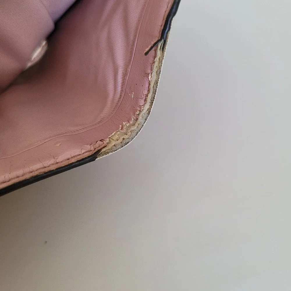 Coach Small Trifold Wallet Pink Khaki Signature Canvas Leather Trim